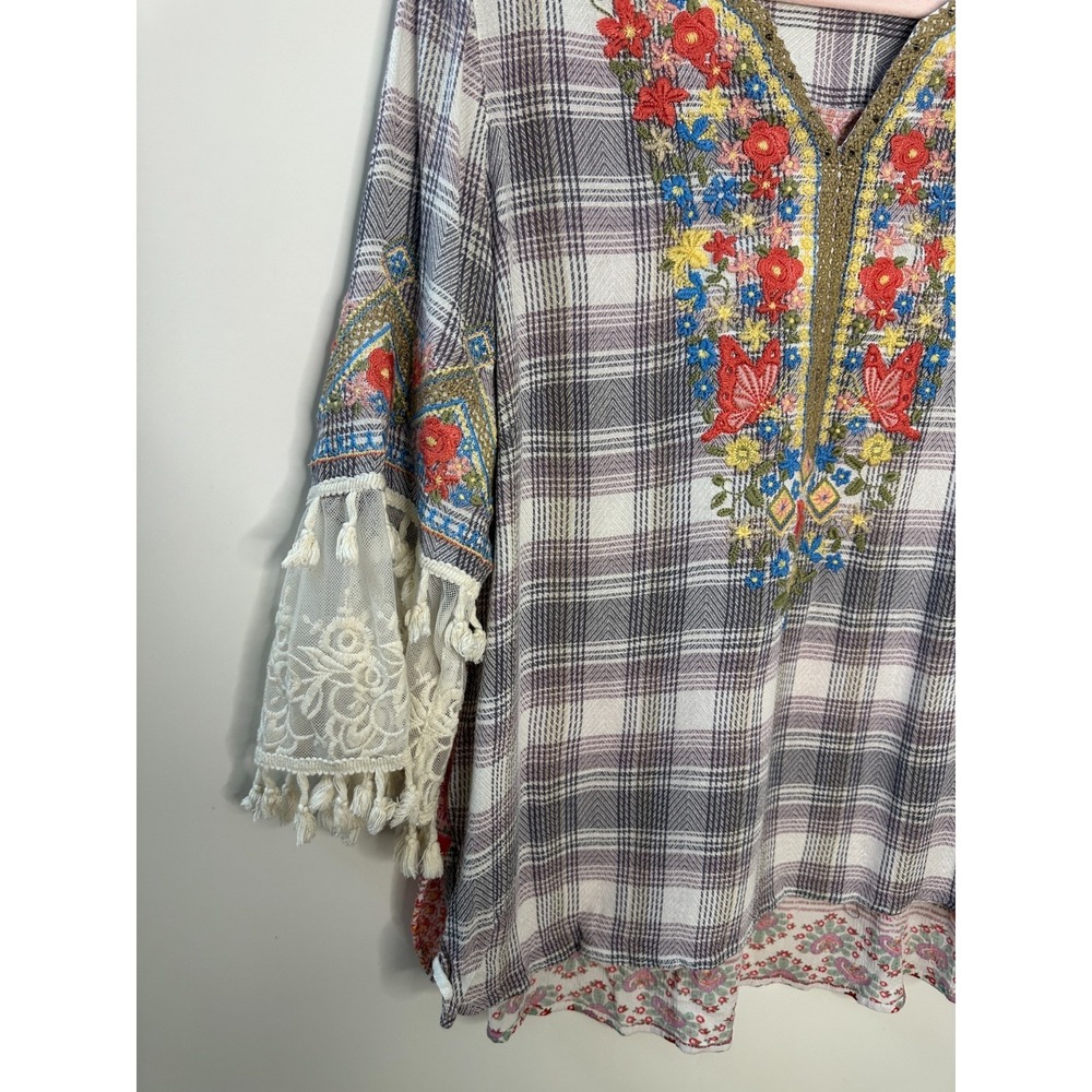 John Mark Boho Embroidered Plaid Tunic Top Lace Tassel Sleeve Blouse Womens XL - Picture 3 of 14